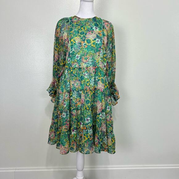 Kotidiano Floral Salma Dress Sheer Made in Spain Small Puff Sleeves Ruffle Boho - Picture 3 of 13